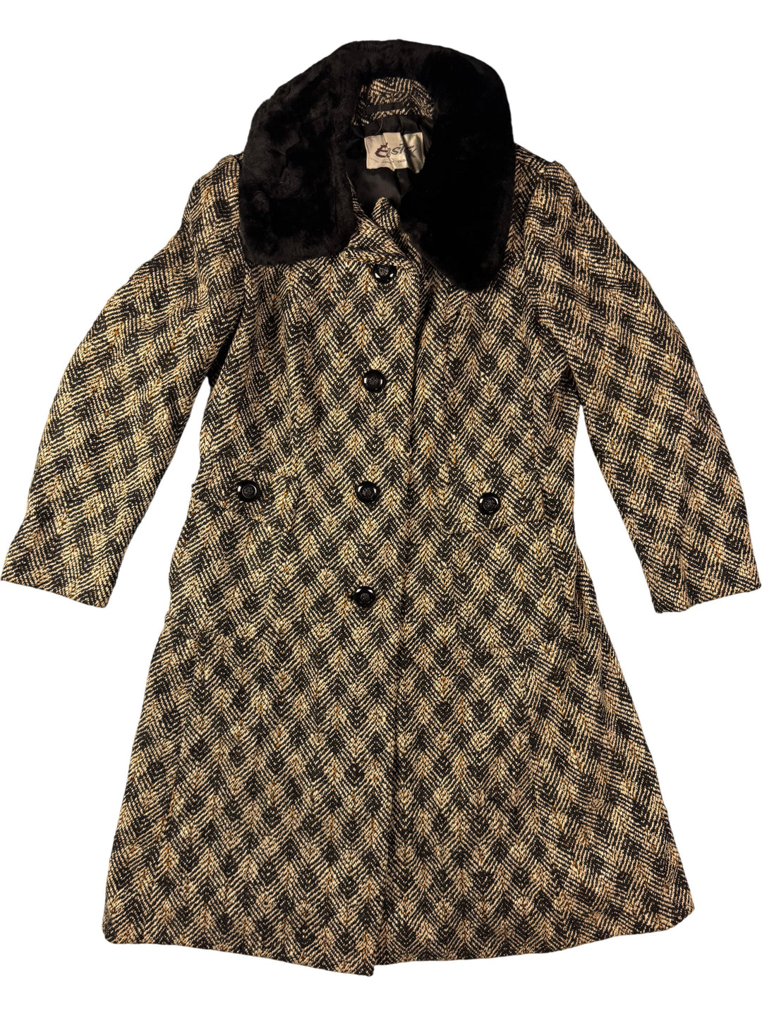 1960s Herringbone Wool Coat With Faux Fur Collar - Think Vintage
