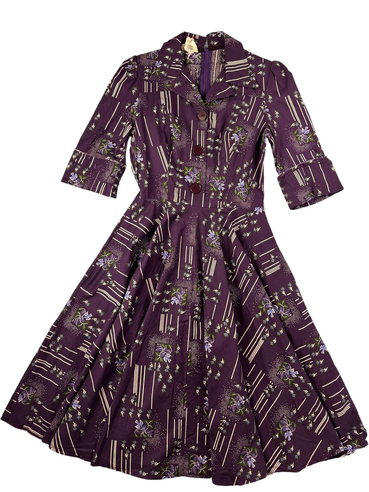1960s Purple Floral Patterned Dress - XS - Think Vintage