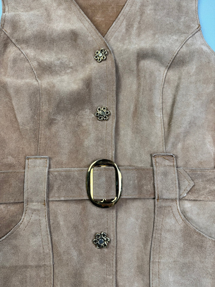 1960s Suede Belted Waistcoat with Flower Buttons - S - Think Vintage Online Ltd