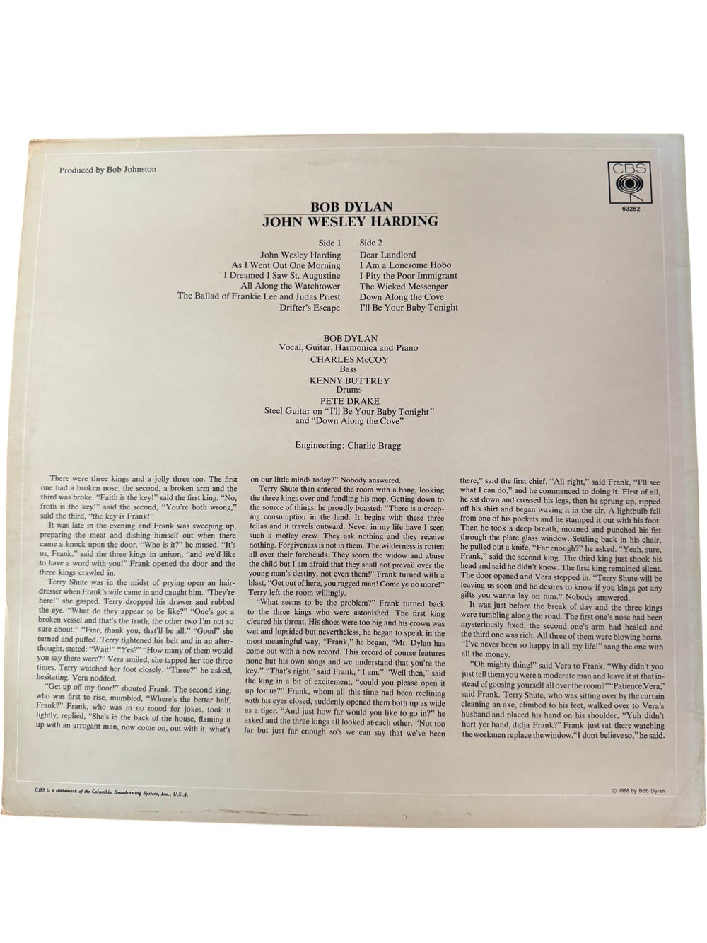 1967 Bob Dylan John Wesley Harding Vinyl Record - Fair - Think Vintage ltd
