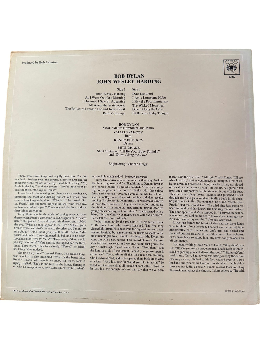 1967 Bob Dylan John Wesley Harding Vinyl Record - Fair - Think Vintage ltd