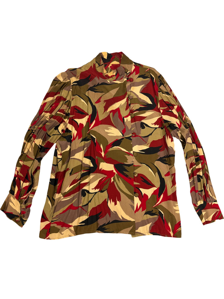 1970s Abstract Pattern Long Sleeved Blouse - XL - Think Vintage