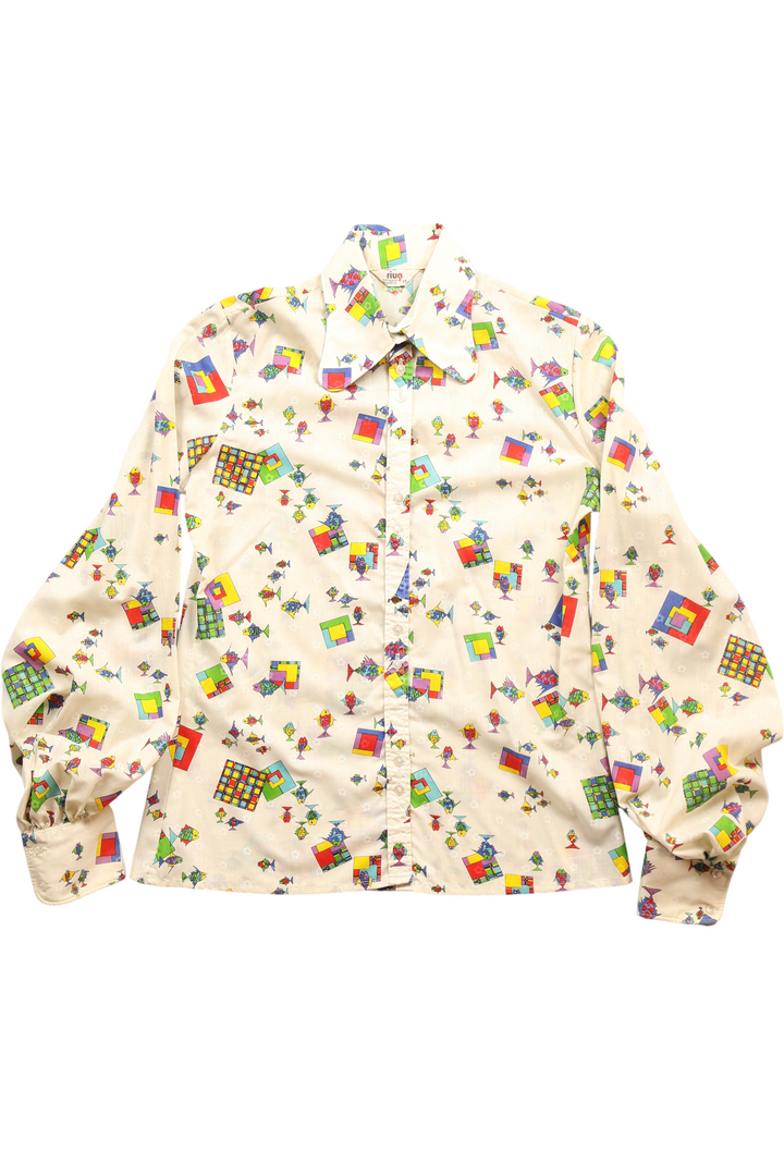 1970s Beagle Collar Shirt With Geometric Design - M - Think Vintage ltd