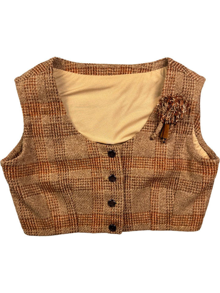 1970s Brown Checkered Button-Up Vest - M - Think Vintage Online Ltd