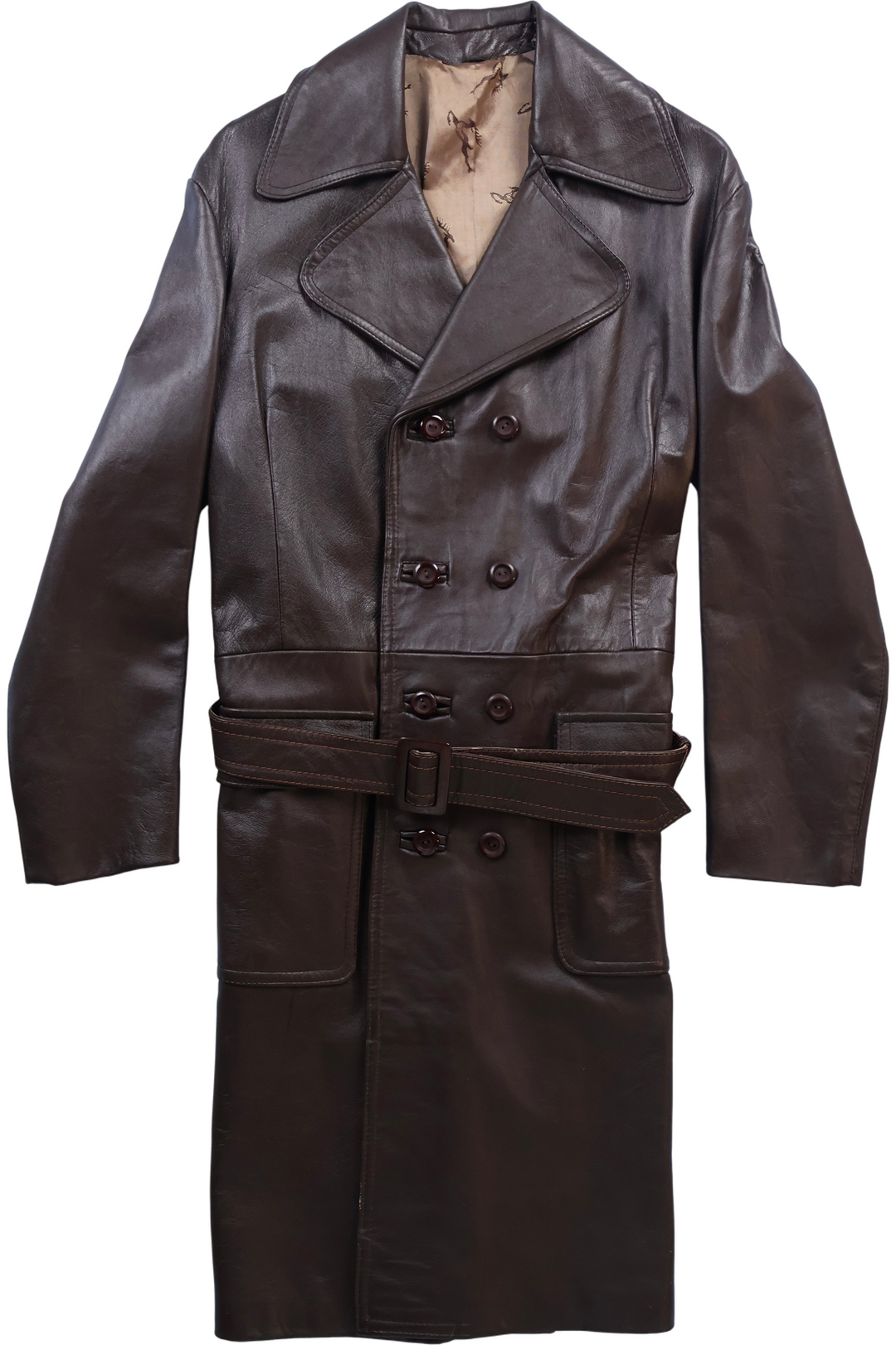 1970s Brown Leather Belted Long Coat - Think Vintage