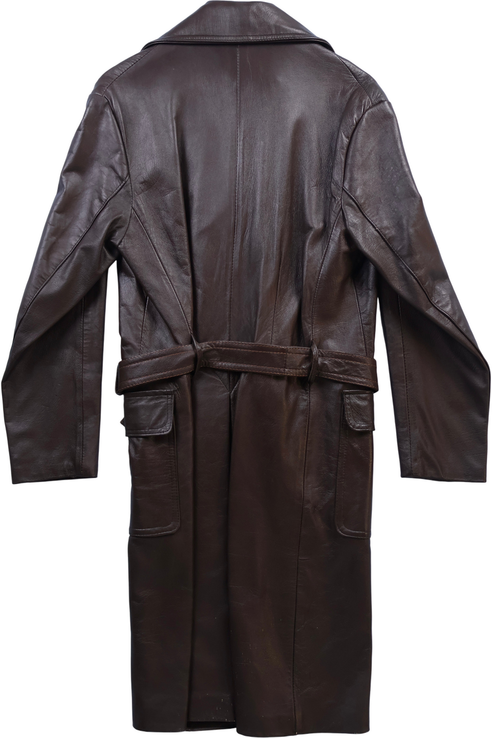 1970s Brown Leather Belted Long Coat - Think Vintage