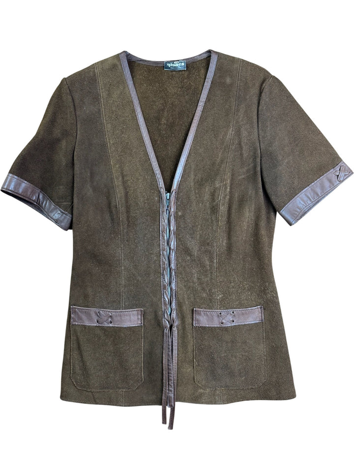 1970s Brown Suede Jacket with Leather Trim - S