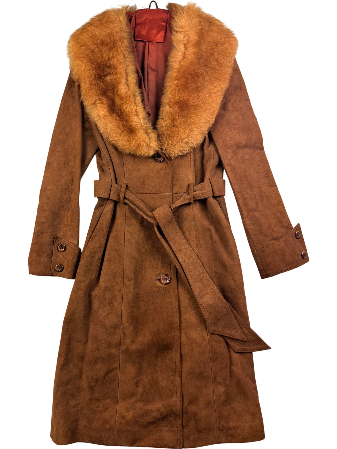 1970s Brown suede  Faux Fur Collar Trench Coat - M - Think Vintage