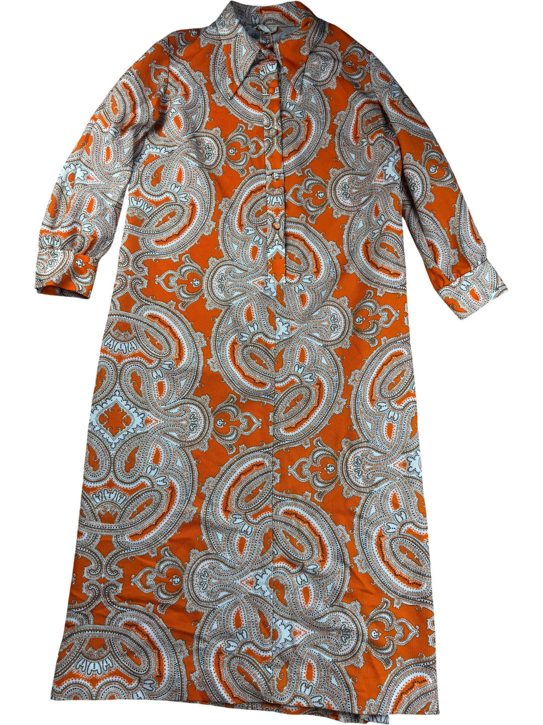 1970s Dacron Orange Paisley Dress - XL - Think Vintage ltd