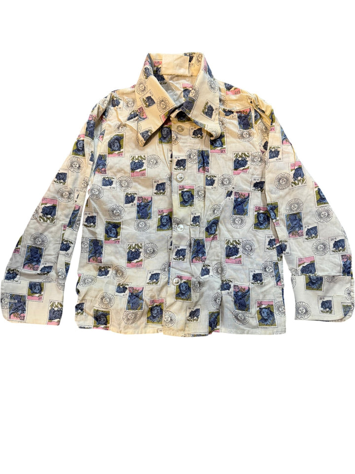 1970s Dagger Collar Postal Print Long Sleeve Shirt - Age 5/6 - Think Vintage ltd