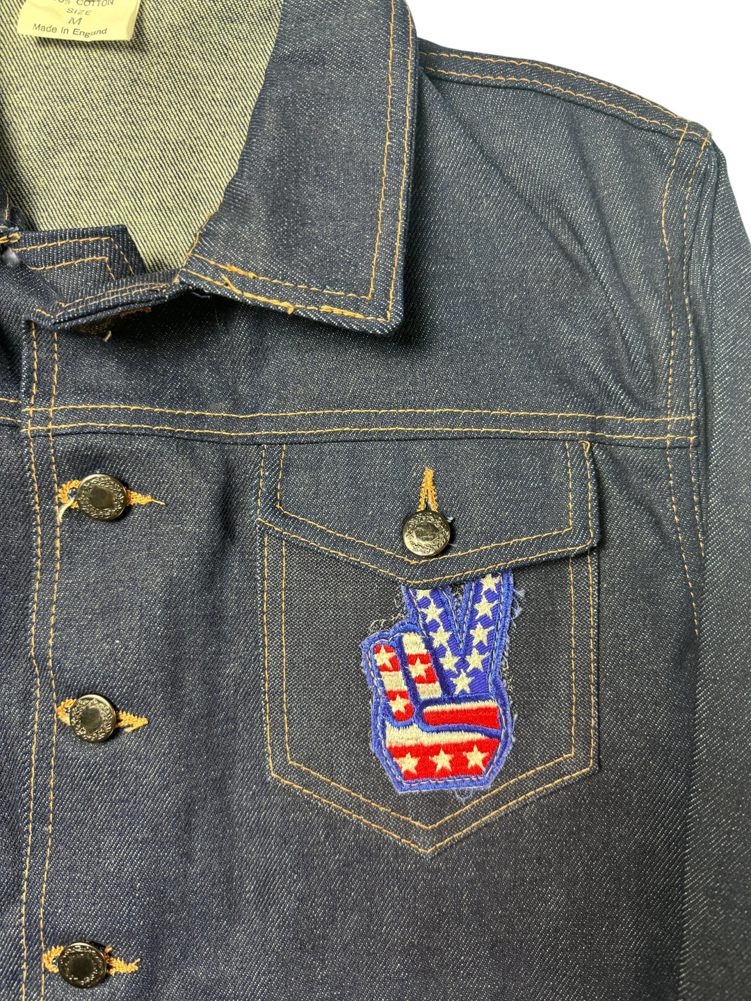 1970s Denim Trucker Jacket with Embroidered Patch - L - Think Vintage