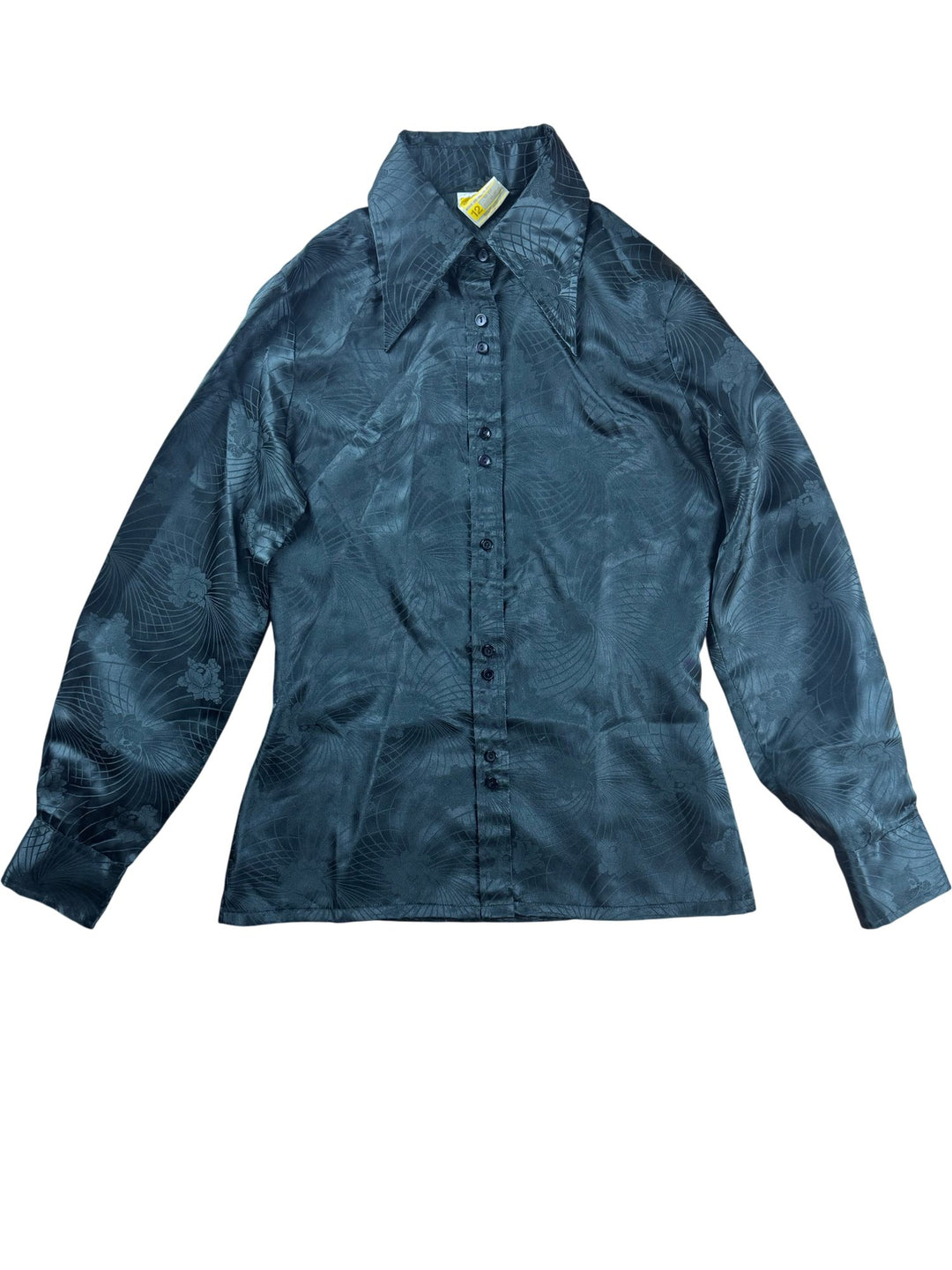 1970s Etam Black Patterned Dagger Collar Blouse - S - Think Vintage ltd