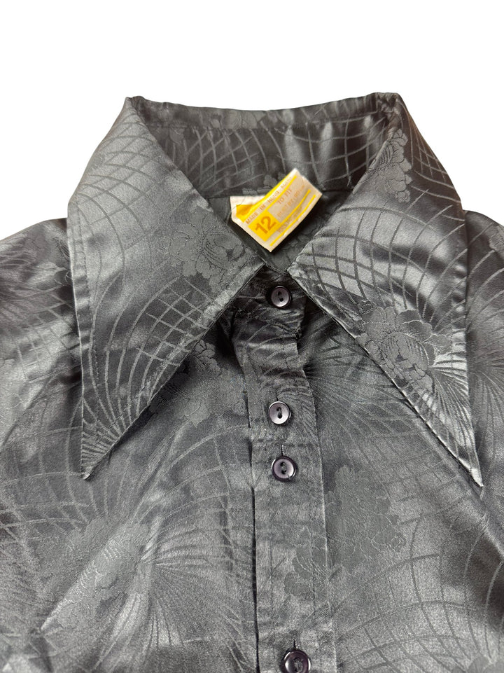 1970s Etam Black Patterned Dagger Collar Blouse - S - Think Vintage ltd