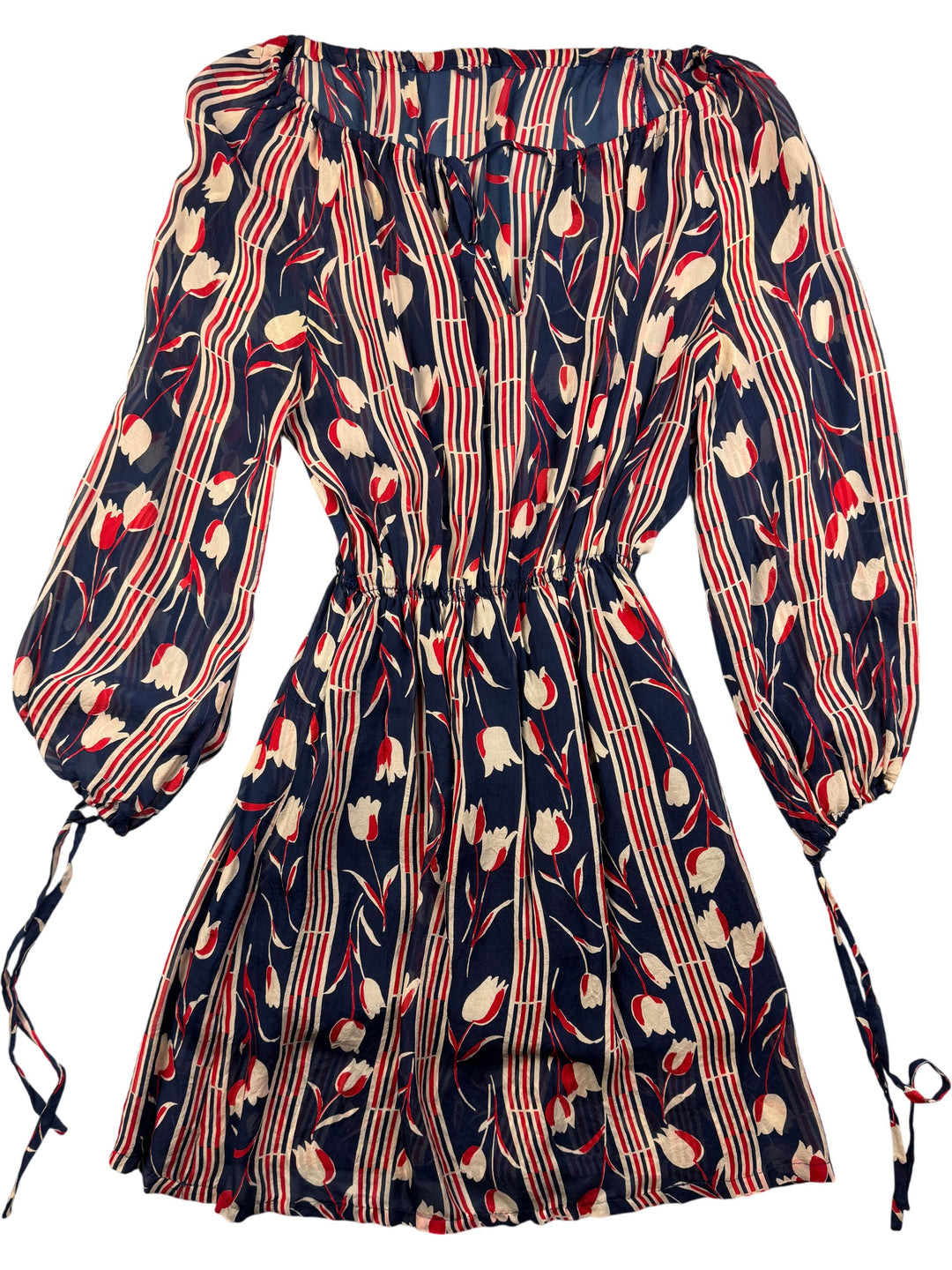 1970s Floral Striped Long Sleeve Dress - S/M - Think Vintage Online Ltd