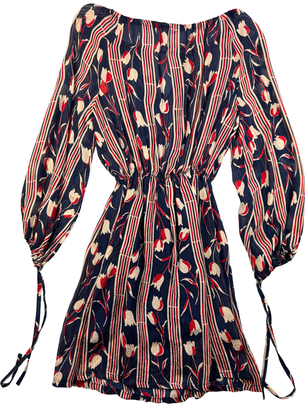 1970s Floral Striped Long Sleeve Dress - S/M - Think Vintage Online Ltd