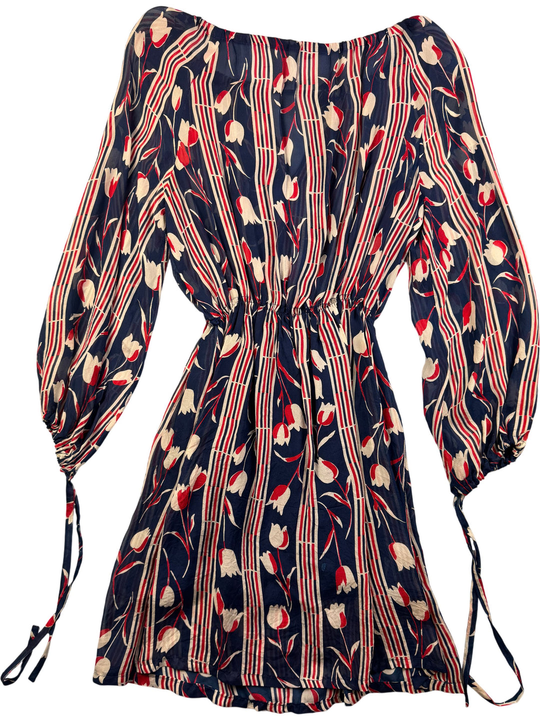 1970s Floral Striped Long Sleeve Dress - S/M - Think Vintage Online Ltd