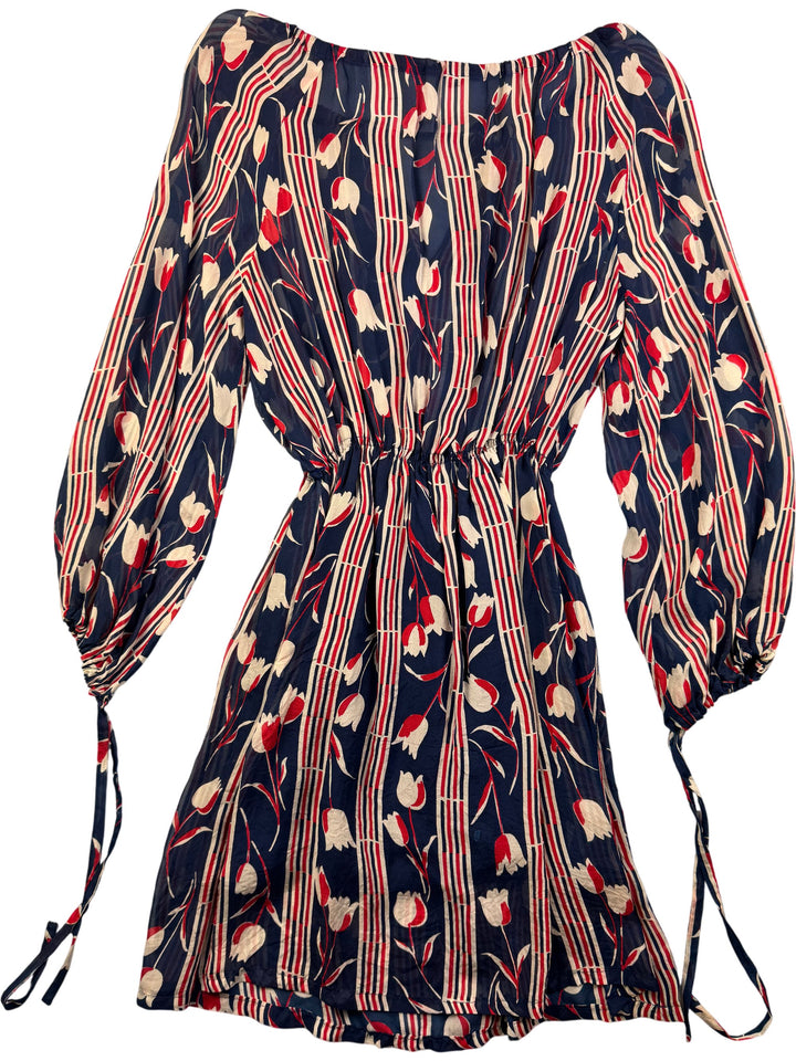 1970s Floral Striped Long Sleeve Dress - S/M - Think Vintage Online Ltd
