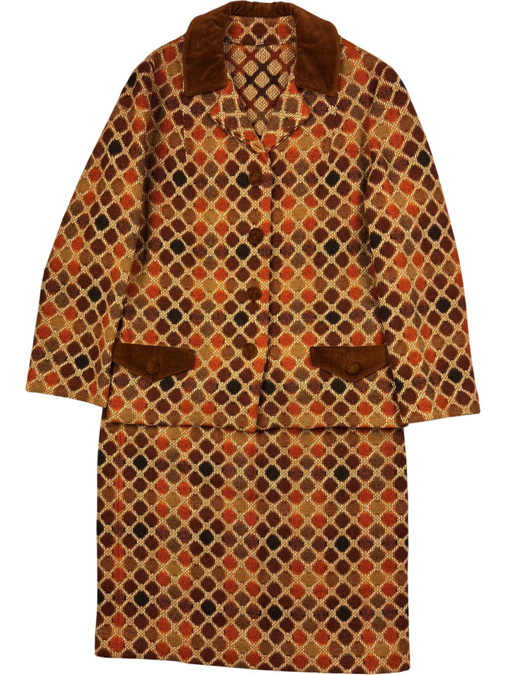 1970s Geometric Patterned Wool Skirt Suit - L - Think Vintage