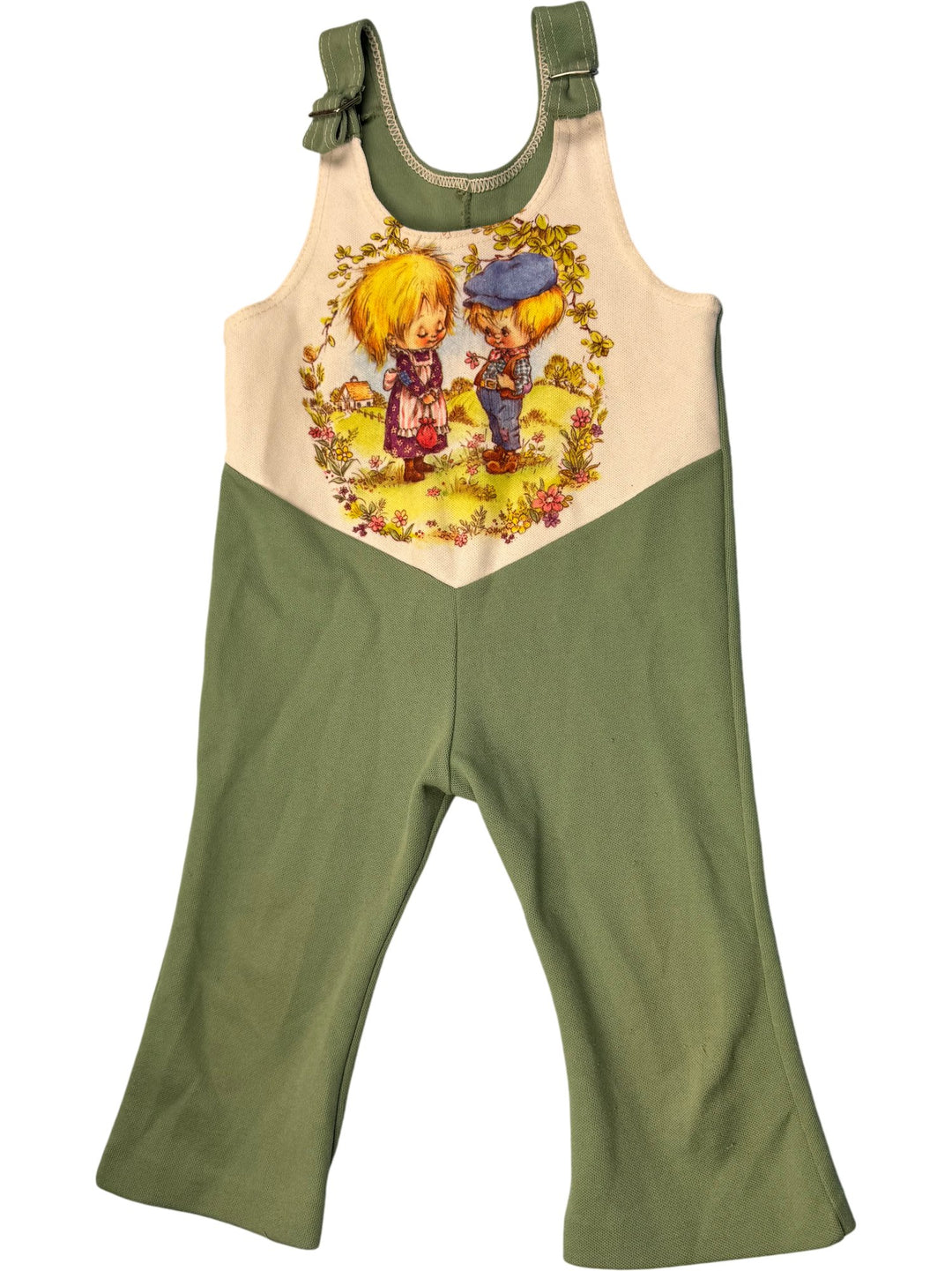 1970s Green Baby Overalls with Illustrated Design - Age 3/4 - Think Vintage ltd