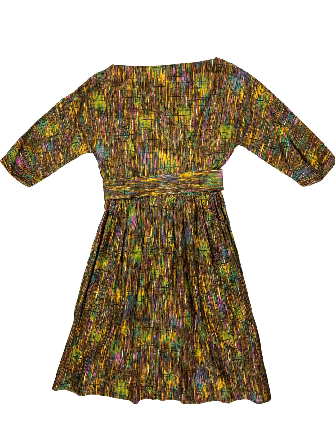 1970s Homemade Abstract Pattern Belted Dress - S - Think Vintage