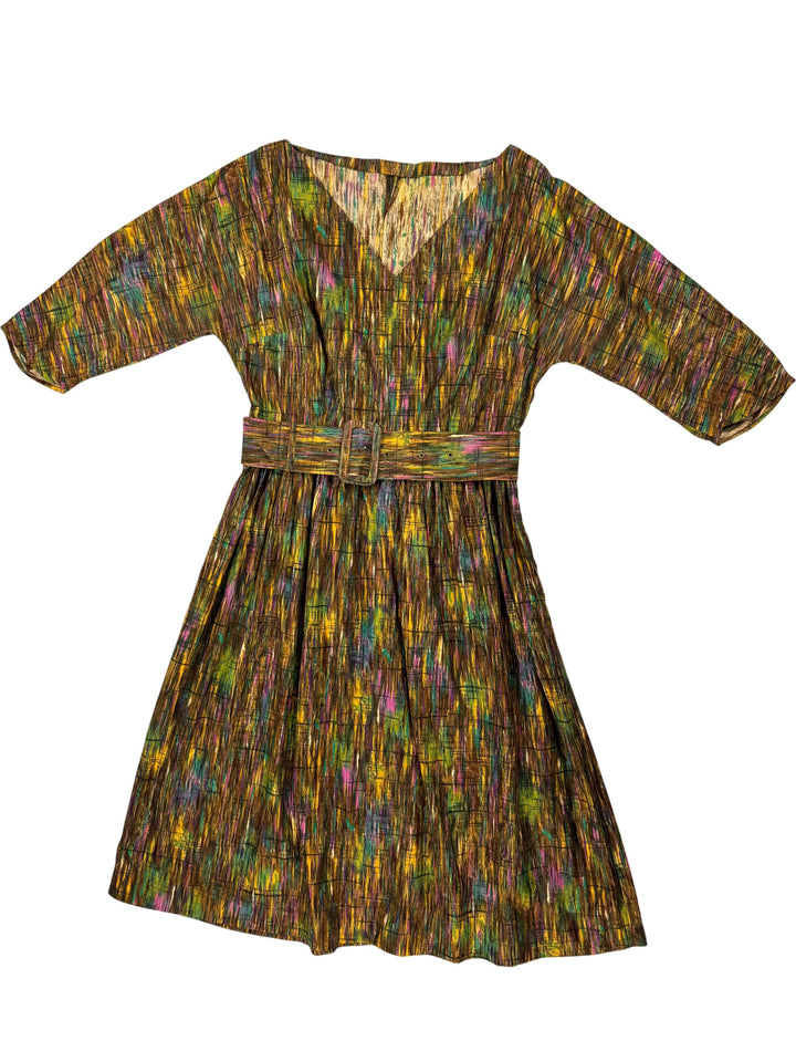 1970s Homemade Abstract Pattern Belted Dress - S - Think Vintage