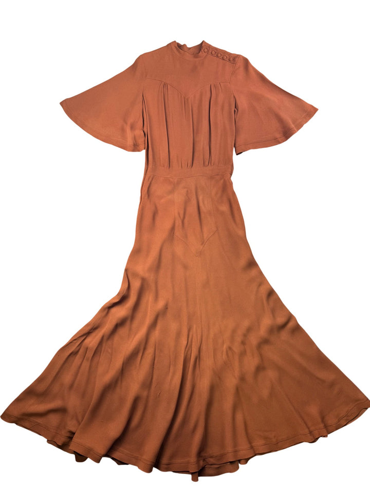 1970s Ossie Clark Caramel Crepe Maxi Dress - S - Think Vintage ltd