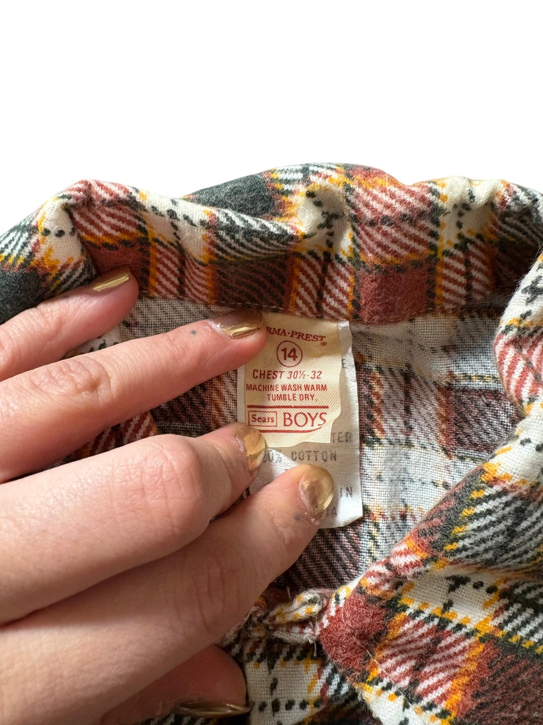 1970s Plaid Long Sleeve Button-Up Shirt - Age 14/15 - Think Vintage ltd