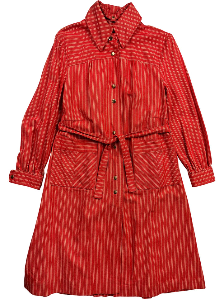 1970s Red Striped Denim Button-Up Coat - S - Think Vintage