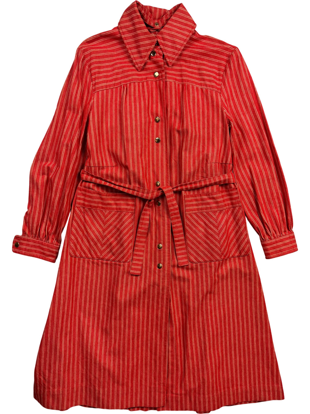 1970s Red Striped Denim Button-Up Coat - S - Think Vintage Online Ltd