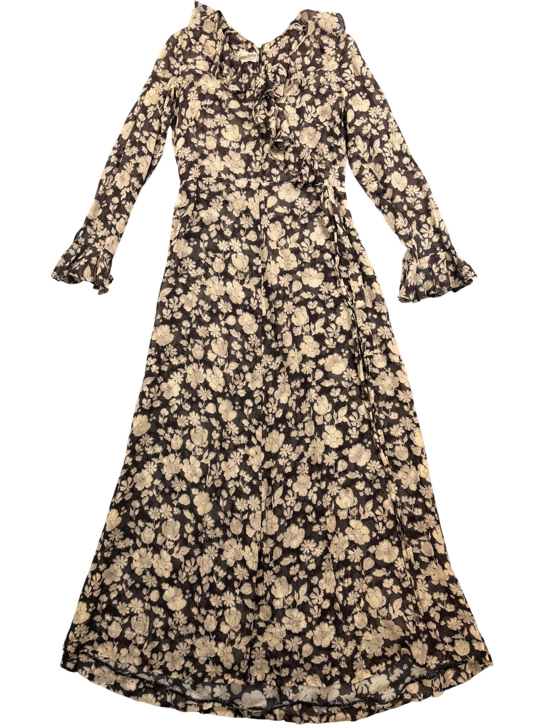 1970s Sheer Black and White Floral Maxi Dress - S - Think Vintage ltd