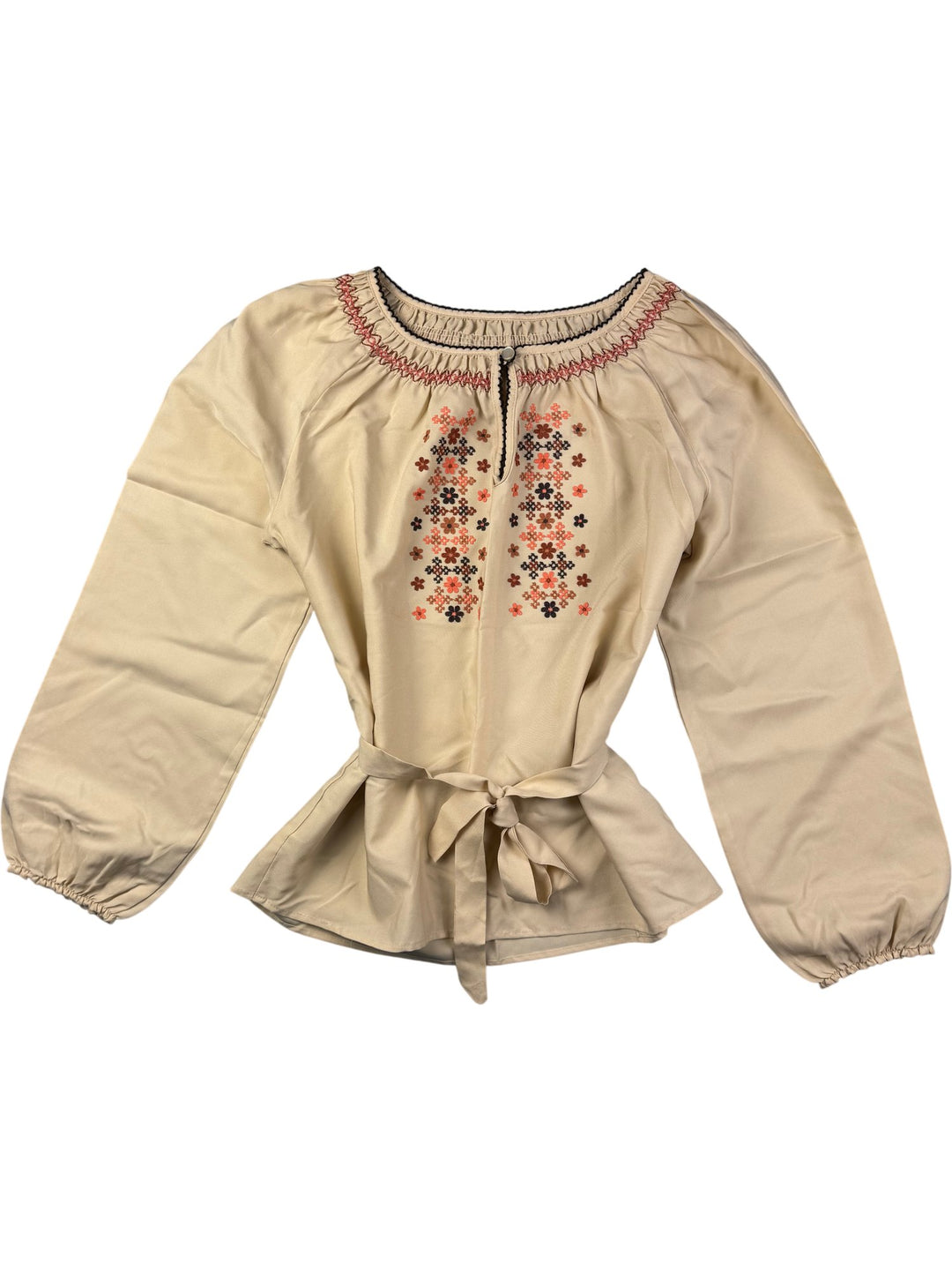 1970s St. Michael Beige Embroidered Blouse - M - Think Vintage ltd