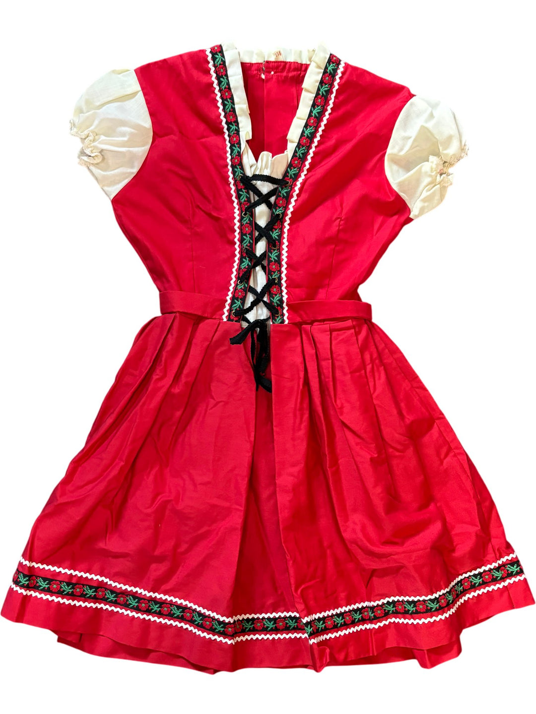 1970s Traditional Red Folk Dress with Embroidered Detail - Age 8/9 - Think Vintage ltd