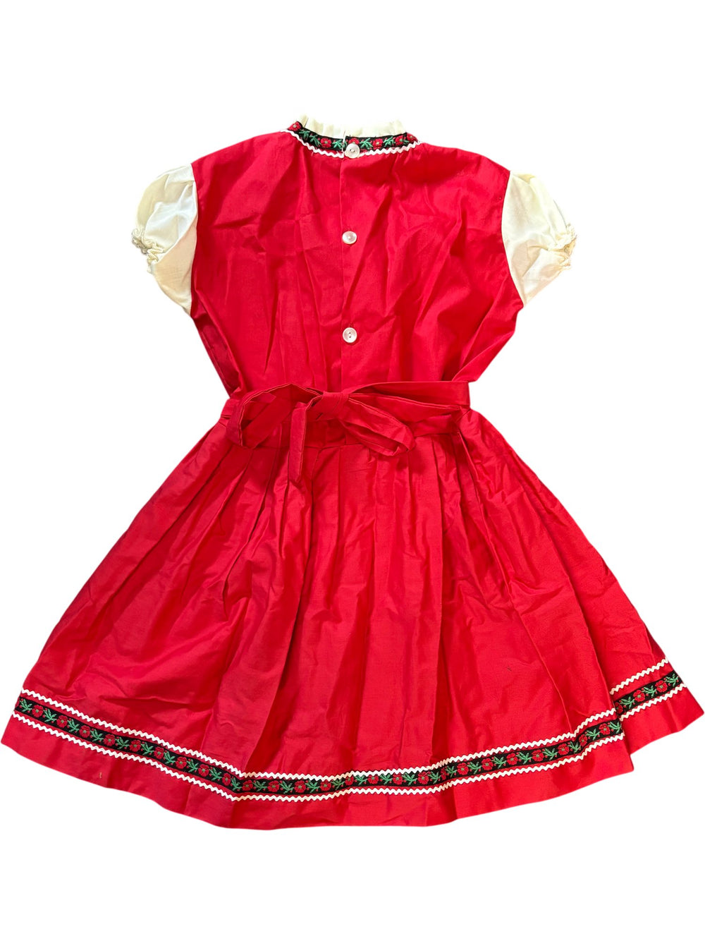 1970s Traditional Red Folk Dress with Embroidered Detail - Age 8/9 - Think Vintage ltd