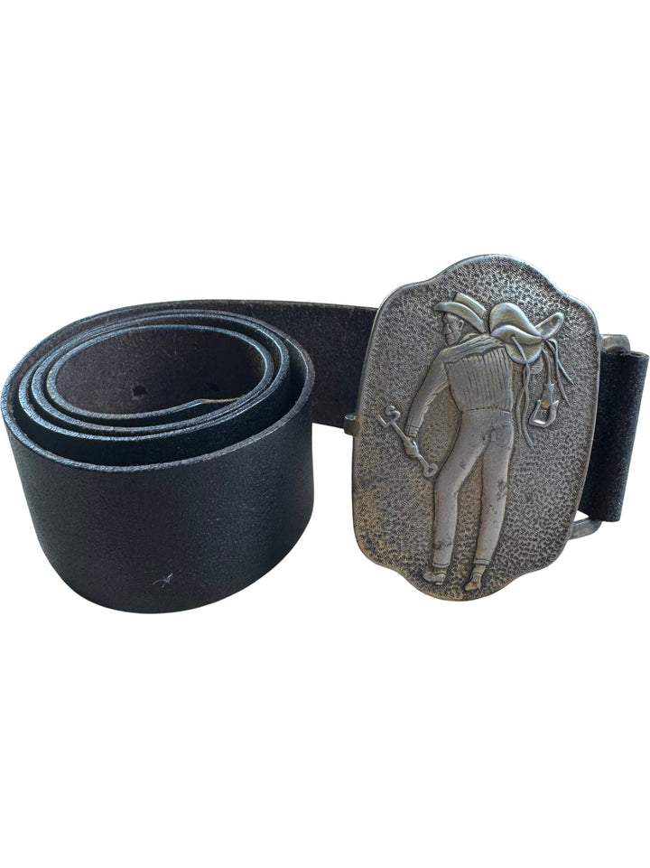 1970s Western Leather Belt with Engraved Buckle - W28-35 - Think Vintage ltd