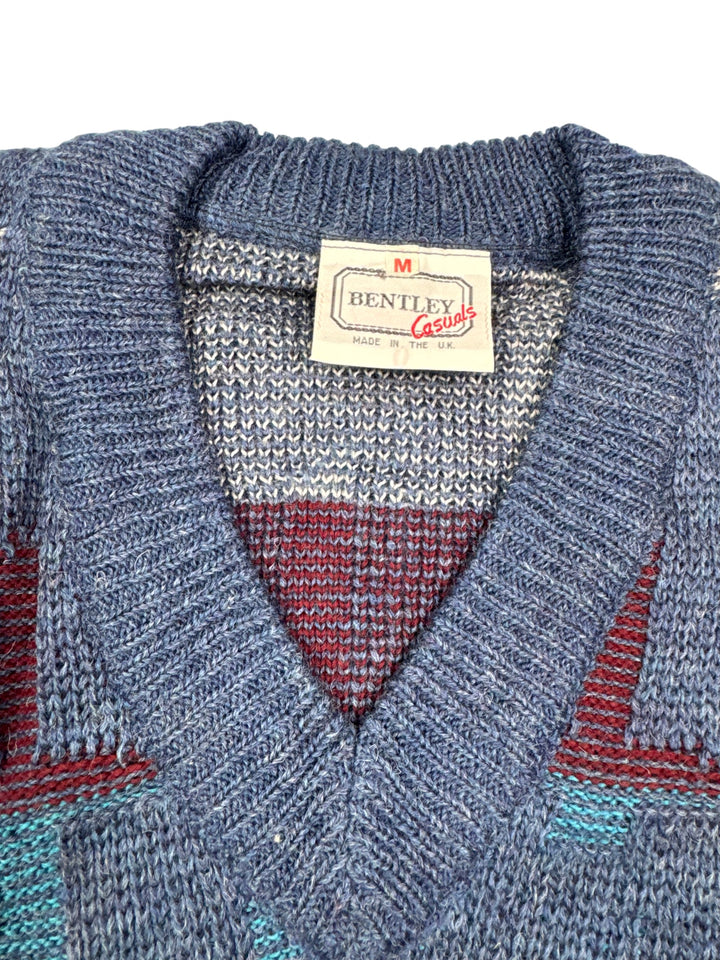 1980s Bentley V-Neck Patterned Sweater - M - Think Vintage