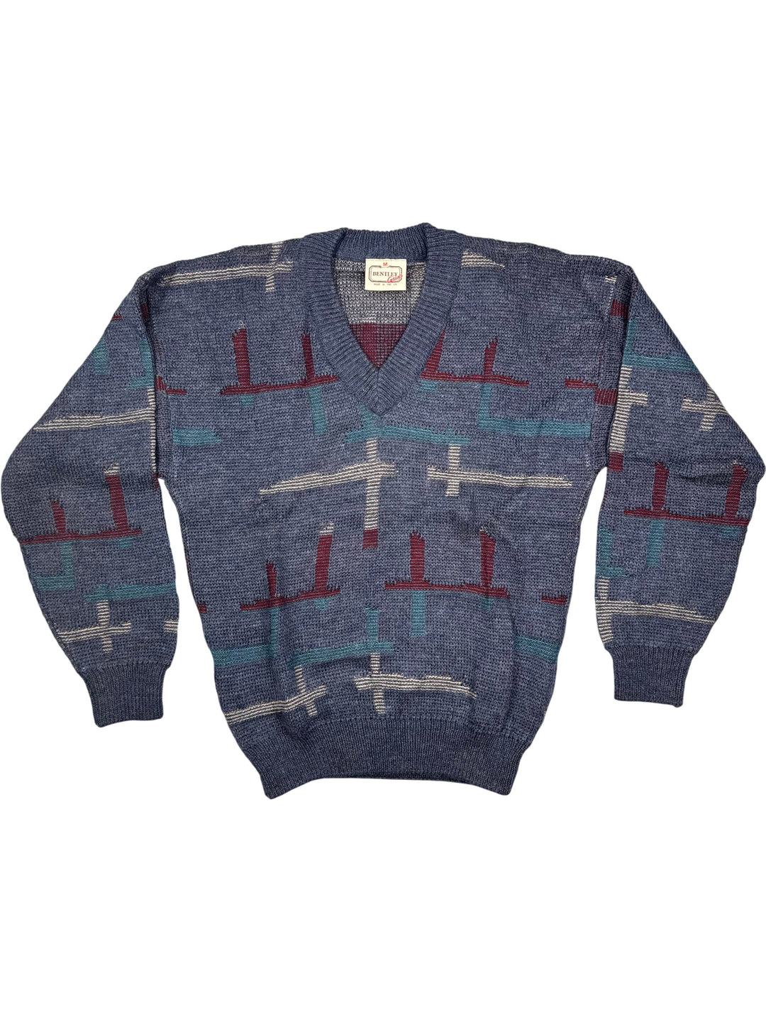 1980s Bentley V-Neck Patterned Sweater - M - Think Vintage ltd