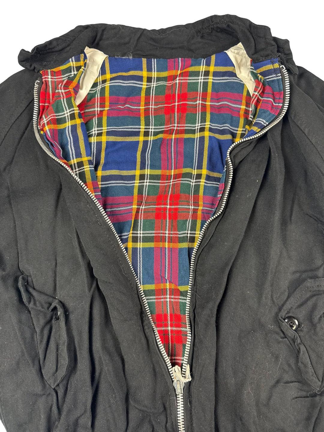 1980s Black Harrington Jacket with Tartan Lining - Age 13/14 - Think Vintage ltd
