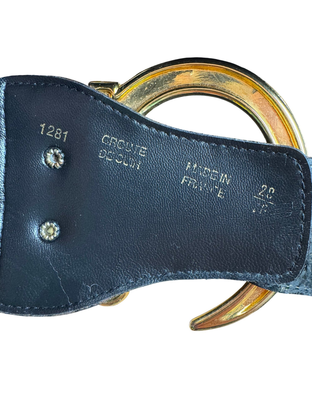 1980s Black Leather Belt with Decorative Buckle - Think Vintage ltd