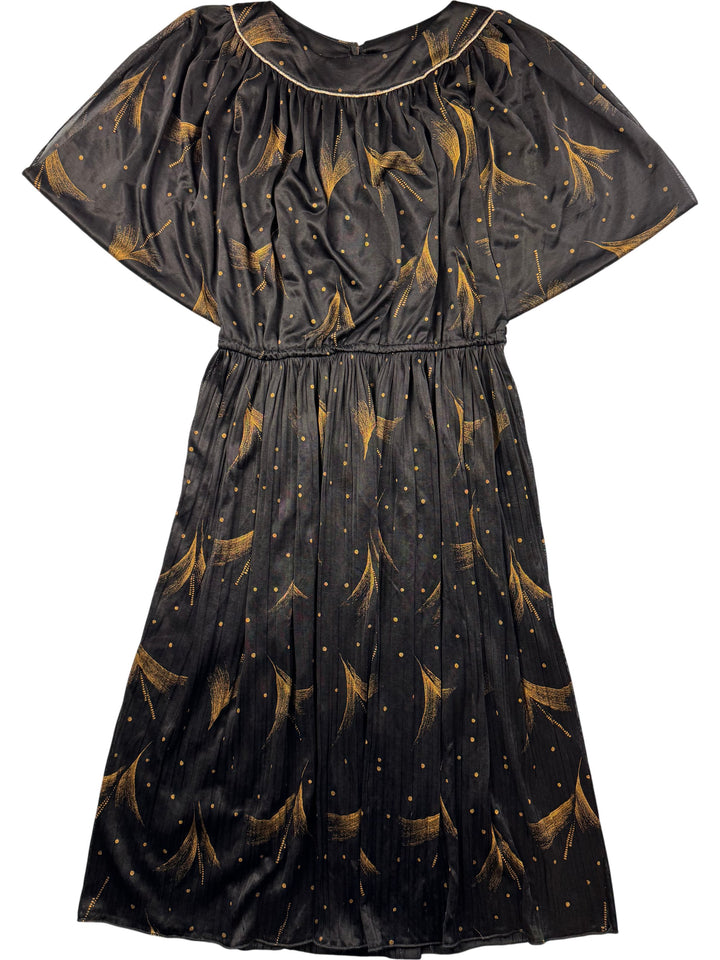 1980s Black and Gold Patterned Dress - L/XL - Think Vintage Online Ltd