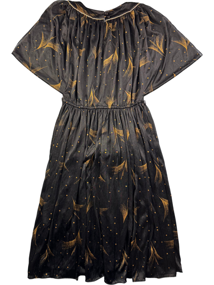 1980s Black and Gold Patterned Dress - L/XL - Think Vintage Online Ltd