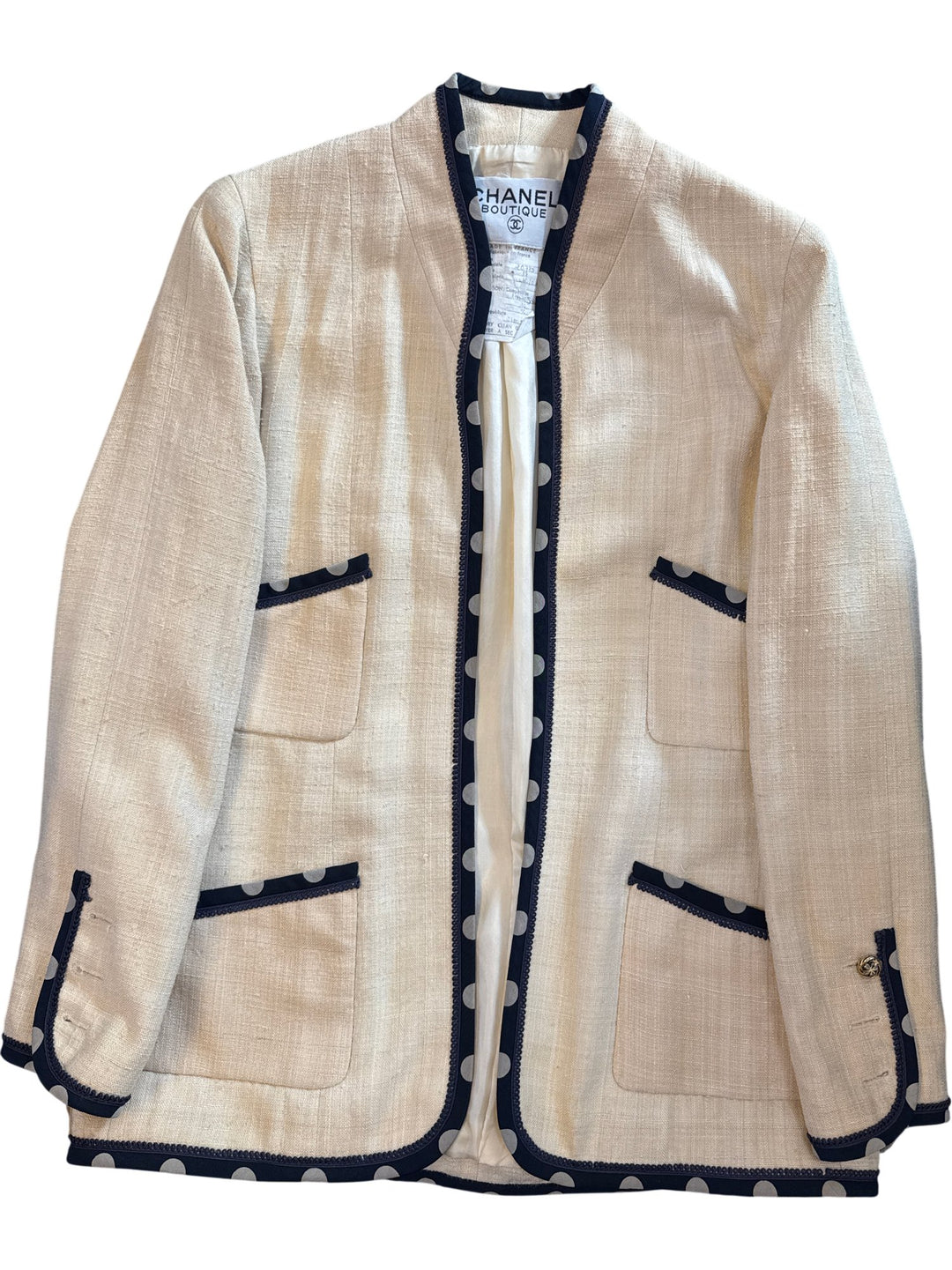 1980s Chanel Boutique Polka Dot Trim Skirt Suit - S - Think Vintage ltd