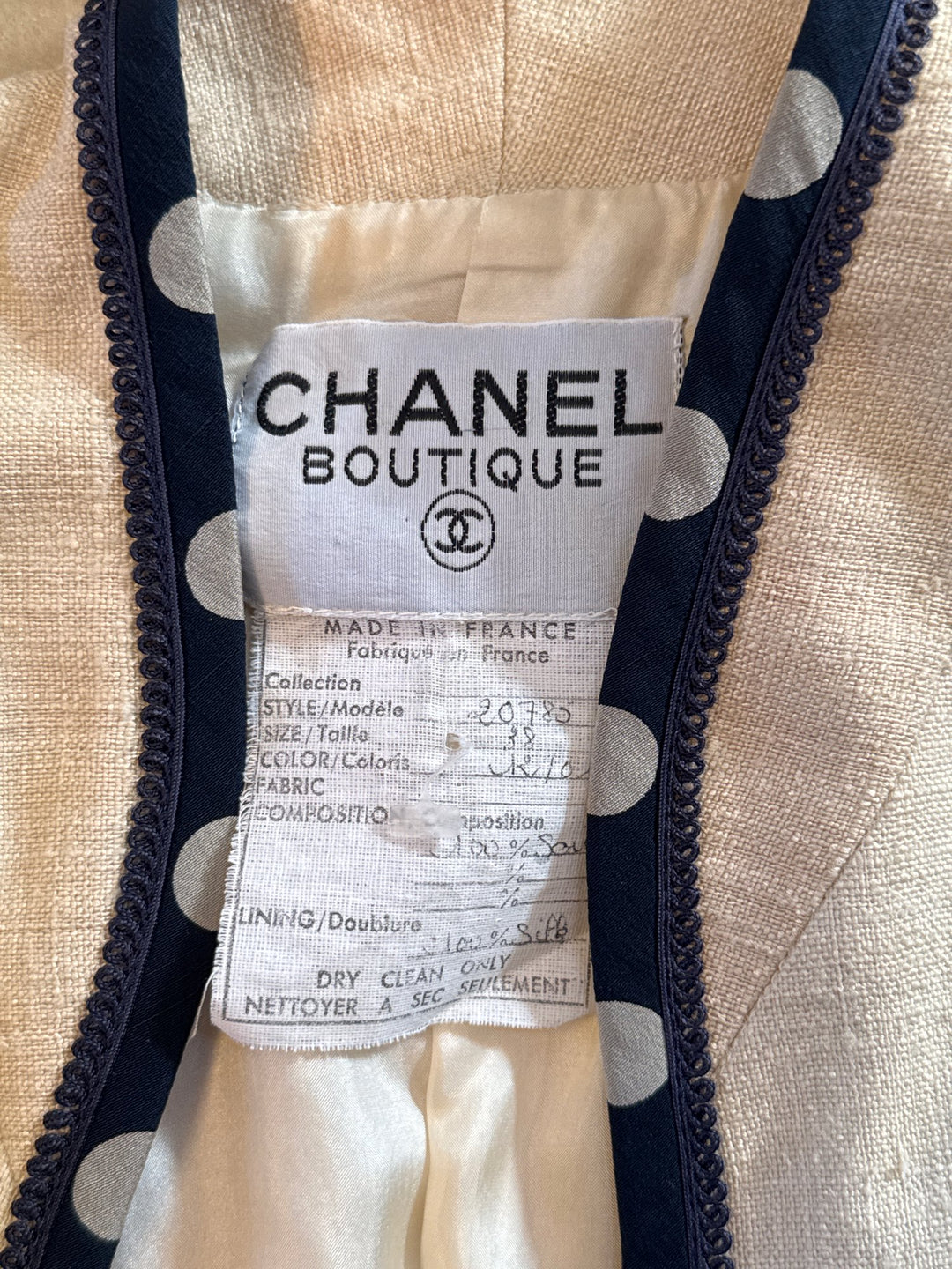 1980s Chanel Boutique Polka Dot Trim Skirt Suit - S - Think Vintage ltd