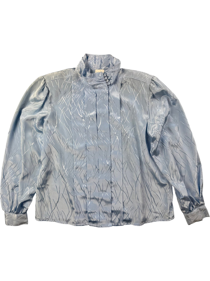1980s Light Blue Patterned Long Sleeve Blouse - L - Think Vintage ltd