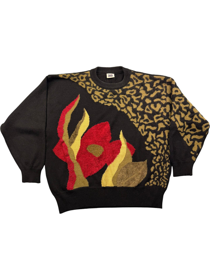 1980s Lucia Black Sweater with Abstract Floral Pattern - Think Vintage Online Ltd