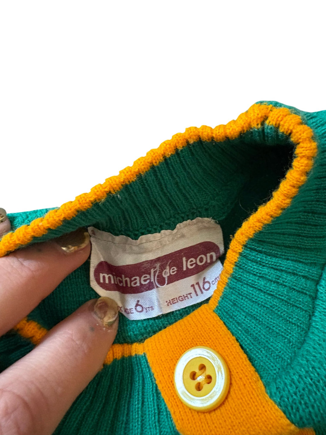 1980s Michael De Leon Kids Jumper Green and Yellow - Age 10/11 - Think Vintage ltd