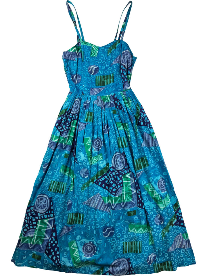 1980s Phoop Blue Patterned Cotton Dress - S - Think Vintage ltd