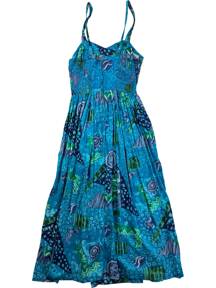 1980s Phoop Blue Patterned Cotton Dress - S - Think Vintage ltd
