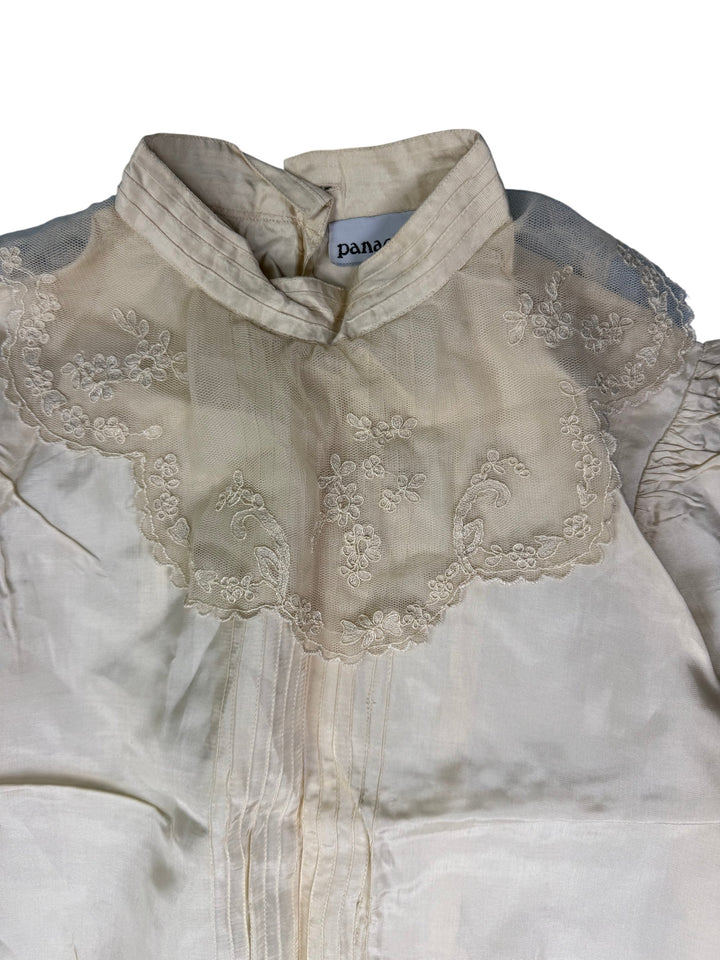 1970s Cream Button-Up Blouse with Embroidered Lace