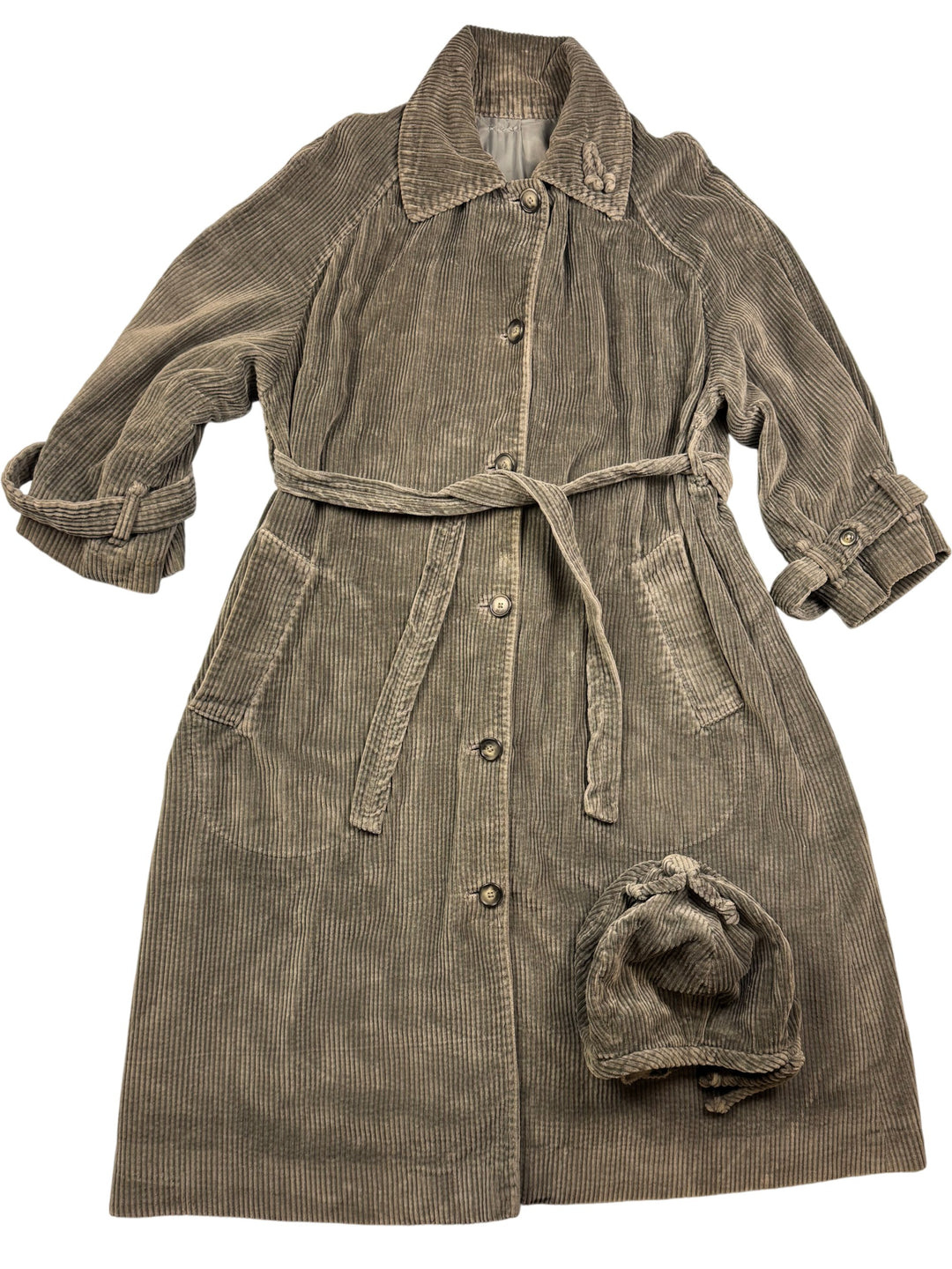Grey Corduroy Trench Coat with Belt and matching hat - L - Think Vintage
