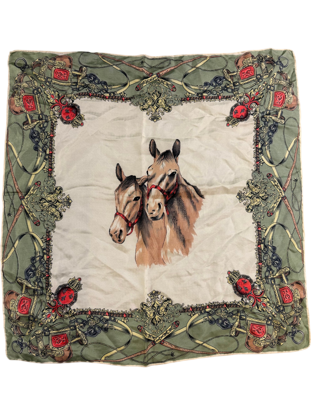 Equestrian Print Scarf with Decorative Border - Think Vintage